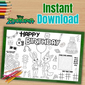 May include: A black and white Zootopia-themed birthday colouring page with the words "Happy Birthday" and "Instant Download." Features Judy Hopps and Nick Wilde, along with a maze, word search, and tic-tac-toe game. Includes a set of coloured pencils.