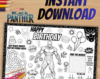 Black panther Coloring Page, Panther Birthday Party Placemat (INSTANT DOWNLOAD) - P107