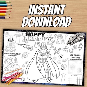 May include: Black and white Star Wars themed coloring page with the text "INSTANT DOWNLOAD" and "HAPPY BIRTHDAY". Features Darth Vader, a spaceship, and other space-themed elements. Includes a word search and tic-tac-toe.