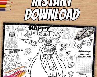 Darth Birthday Coloring Placemat Activity Set, Space coloring page (Instant Download) D85