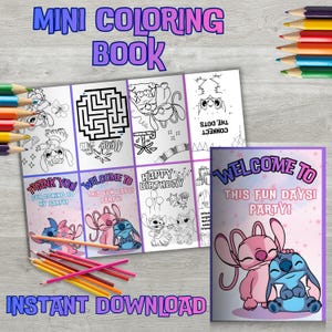 以下が含まれることがあります： 「MINI COLORING BOOK」と「INSTANT DOWNLOAD」の文字が入ったミニ塗り絵。漫画のキャラクター、迷路、パーティーをテーマにしたイラストの線画が特徴です。色鉛筆が本の周りに散らばっています。