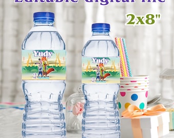 Etiqueta para botella de agua con diseño de la Policía de Animal City para cumpleaños, etiqueta editable para bebidas (descarga digital) Z72