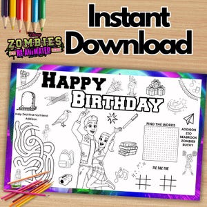 Puede incluir: Una página para colorear en blanco y negro con el texto "HAPPY BIRTHAY" y "Instant Download". La página presenta personajes de la serie Disney Zombies, un laberinto, una búsqueda de palabras y tres en raya.