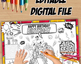 Superhero Birthday Coloring Placemat, Party Activity (Digital File)