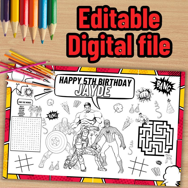 Avengers Birthday Coloring Page, Personalized Activity Mat (digital ...