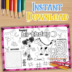 May include: A pink and white birthday activity placemat with the words "happy birthday" and "Instant Download". The placemat features a word search, tic-tac-toe, and a maze. The image includes a cartoon girl, a dinosaur, and colored pencils.