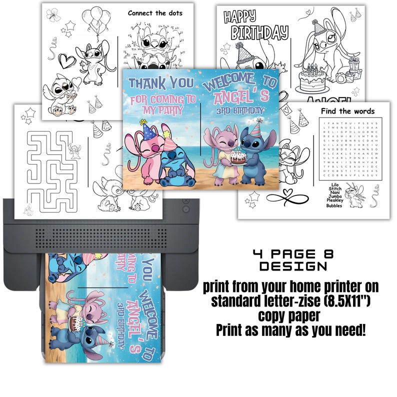 May include: A printer is shown with several coloring pages featuring the characters Stitch and Angel. The pages include connect-the-dots, mazes, word searches, and birthday-themed designs. The text on the pages reads "Happy Birthday" and "Welcome to Angel's 3rd Birthday."