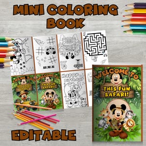 Può includere: Un mini libro da colorare a tema safari, con Topolino e i suoi amici. La copertina recita "WELCOME TO THIS FUN SAFARI!" e include varie pagine da colorare e un labirinto. Matite colorate sono sparse intorno al libro.