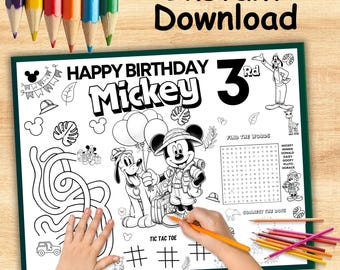 May include: A black and white Mickey Mouse themed coloring activity sheet with the text "Happy Birthday Mickey 3rd". Includes a maze, tic-tac-toe, word search, and connect-the-dots. The words "Instant Download" are at the top.