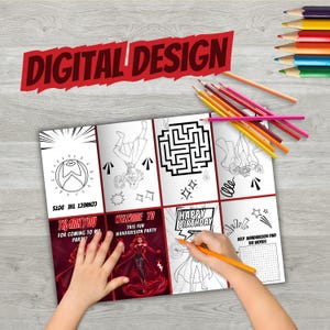 May include: A colouring book with black and white illustrations and the text "DIGITAL DESIGN". The book features images of a maze, characters, and the words "THANK YOU", "WELCOME TO", and "HAPPY BIRTHDAY". Colouring pencils are scattered around the book.