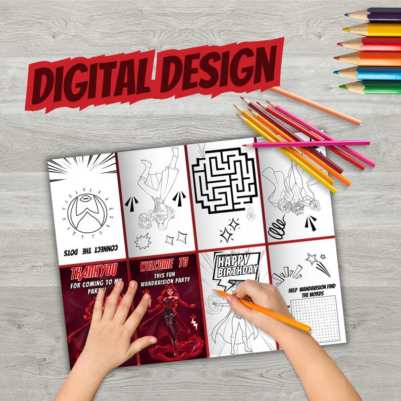 May include: A colouring book with black and white illustrations and the text "DIGITAL DESIGN". The book features images of a maze, characters, and the words "THANK YOU", "WELCOME TO", and "HAPPY BIRTHDAY". Colouring pencils are scattered around the book.
