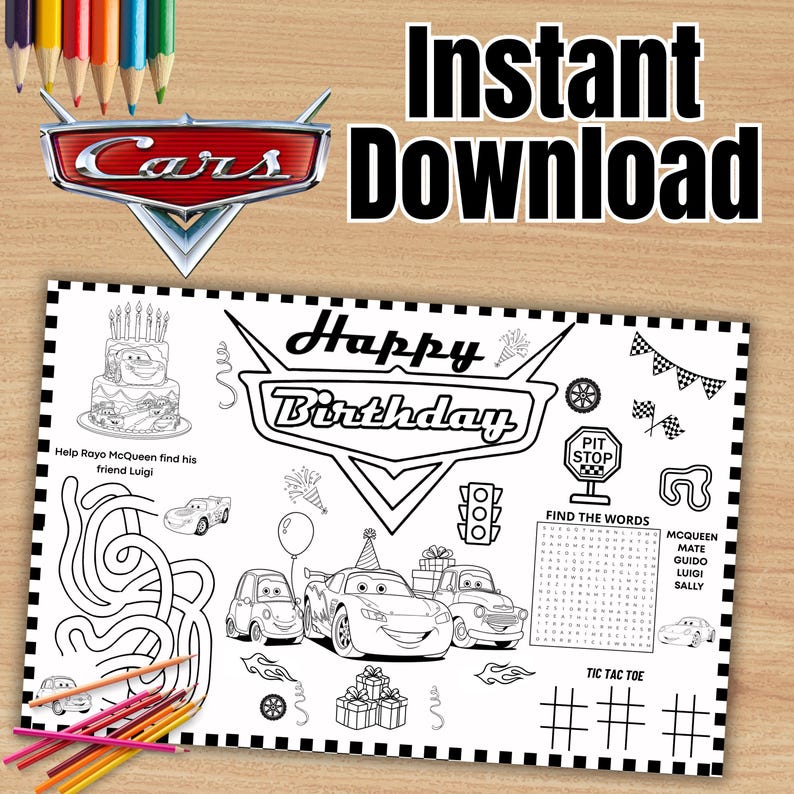 Lightning Mcqueen Birthday Coloring Placemat (digital Download) - Etsy