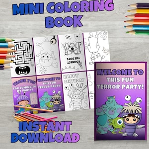 May include: A mini coloring book with a purple cover that reads "WELCOME TO THIS FUN TERROR PARTY!". The inside pages feature black and white illustrations of monsters and mazes. Colouring pencils are scattered around the book.