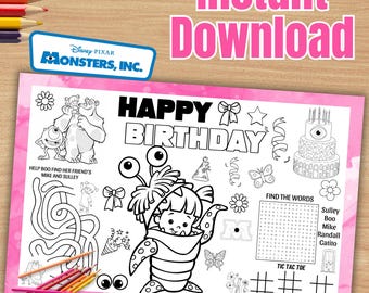 Boo Monsters Inc Birthday Coloring Placemat Activity (INSTANT DOWNLOAD) M45