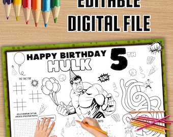 May include: A white coloring page with a green border featuring the text "HAPPY BIRTHDAY HULK 5TH". The image includes a Hulk illustration, party hats, balloons, and various activities. The words "EDITABLE DIGITAL FILE" are at the top.