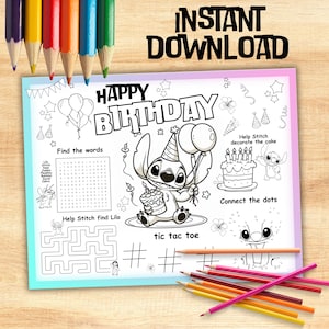 Stitch Birthday Placemat, Stitch Coloring Activity Mat, Stitch Party Activity, Stitch Coloring Page, INSTANT DOWNLOAD ST03