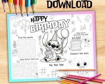 Página para colorear de Stitch, actividad infantil, juego de fiesta de Lilo y Stitch, imprimible, descarga instantánea - ST03