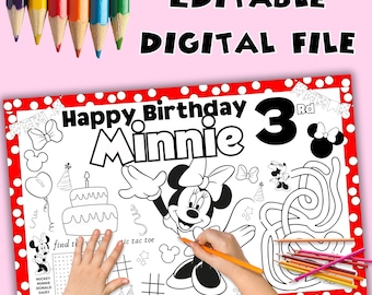 Minnie Mouse verjaardagsfeestje kleurplaat, gepersonaliseerde activiteitenmat (digitaal bestand)