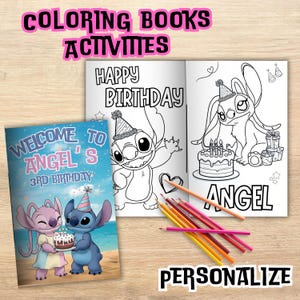 May include: A coloring book with the text "WELCOME TO ANGEL'S 3RD BIRTHDAY" and illustrations of cartoon characters. The open book shows the text "HAPPY BIRTHDAY" and a cartoon character with a party hat. Colored pencils are also visible.