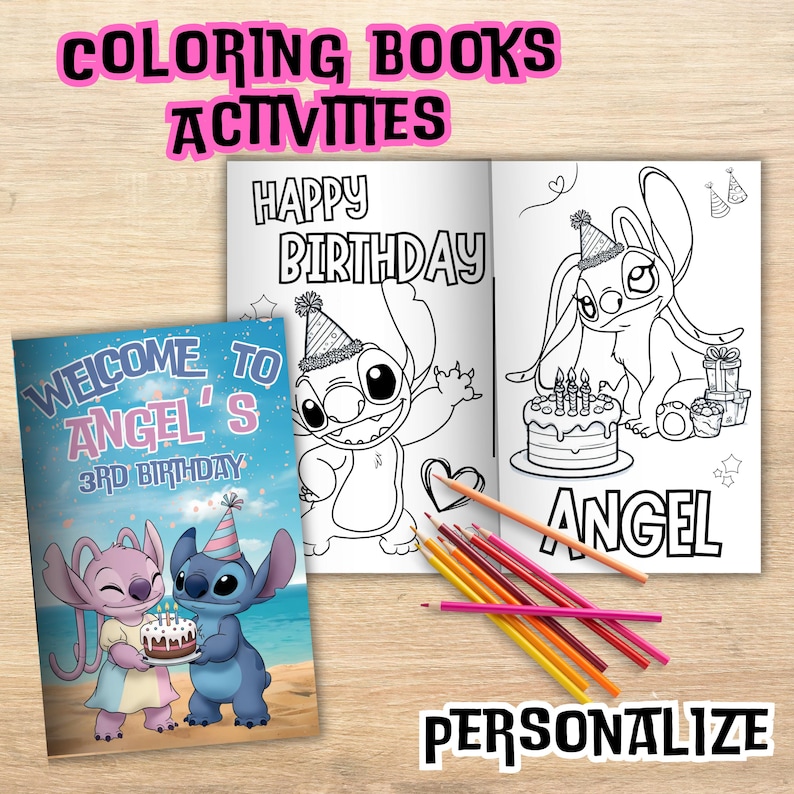 May include: A coloring book with the text "WELCOME TO ANGEL'S 3RD BIRTHDAY" and illustrations of cartoon characters. The open book shows the text "HAPPY BIRTHDAY" and a cartoon character with a party hat. Colored pencils are also visible.