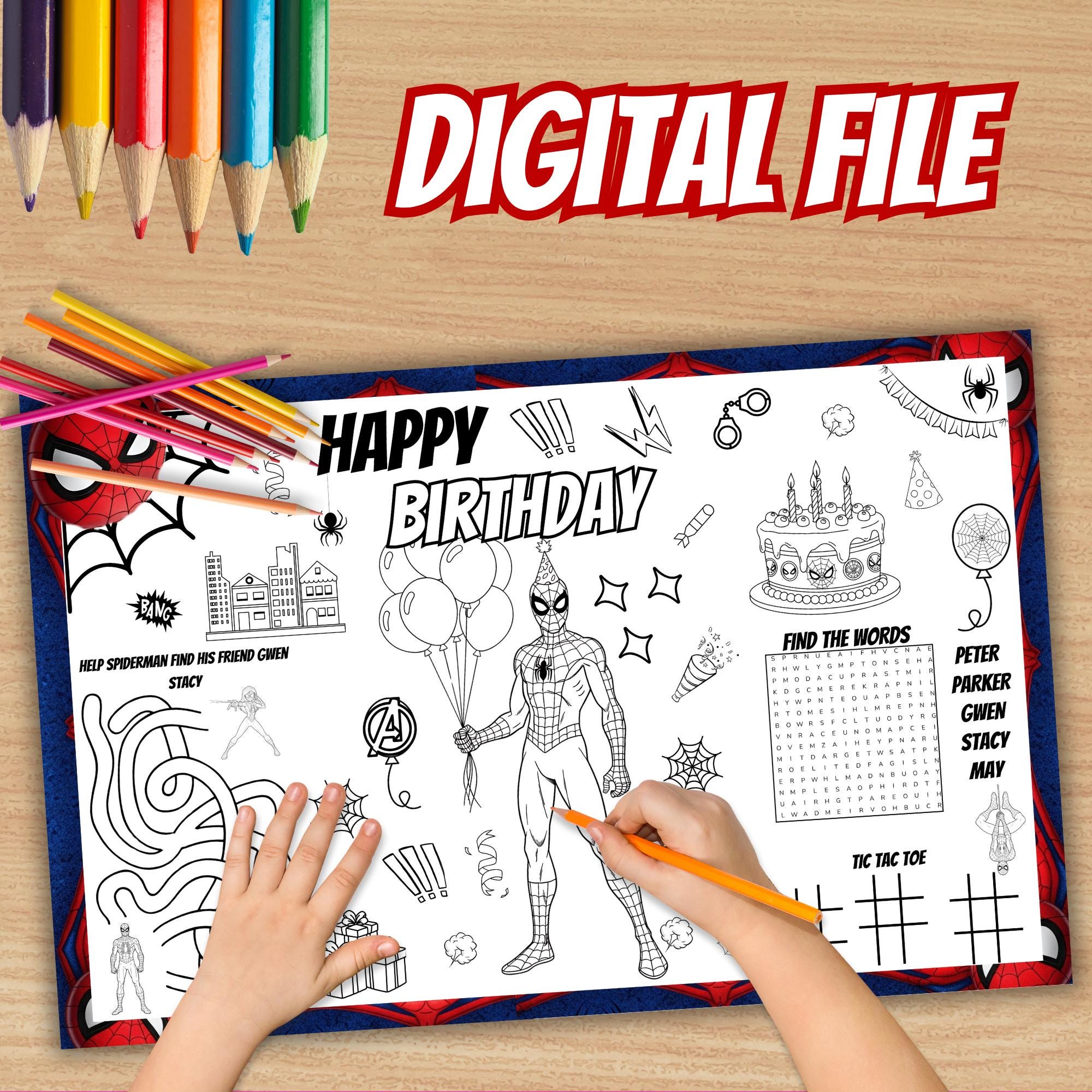 Spiderman Birthday Placemat Coloring Page, Superhero Activity (instant ...