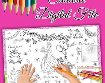 Princess and Frog Birthday Coloring Placemat, Tiana Party Activity (Digital Download)