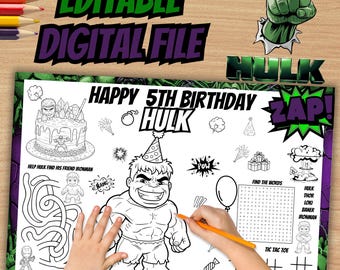 Hulk Birthday Coloring Placemat, Superhero Party Activity (Digital File)