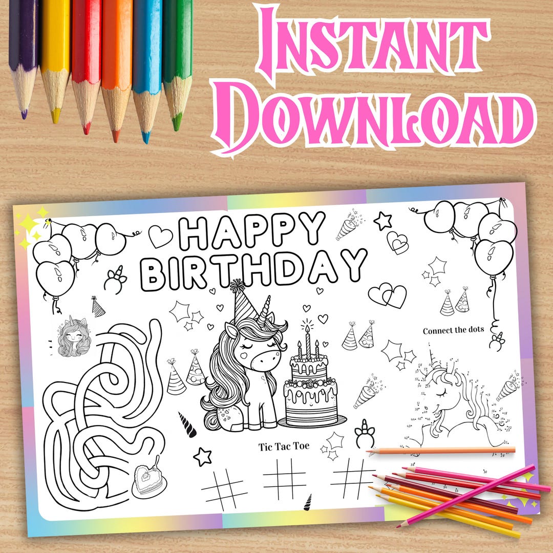 Unicorn Birthday Coloring Placemat, Kids Party Activity (instant ...
