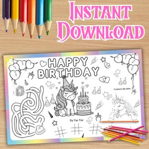 Unicorn Birthday Placemat, Unicorn Party, Coloring Activity Mat,Kids Party Activity, Unicorn Coloring Page, coloring page, INSTANT DOWNLOAD
