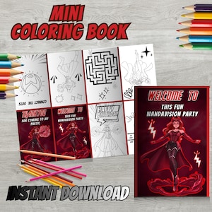 May include: A mini coloring book with the text "MINI COLORING BOOK" in red. The book features black and white line drawings of characters and phrases like "WELCOME TO THIS FUN WANDAVISION PARTY". Colouring pencils are scattered around the book.