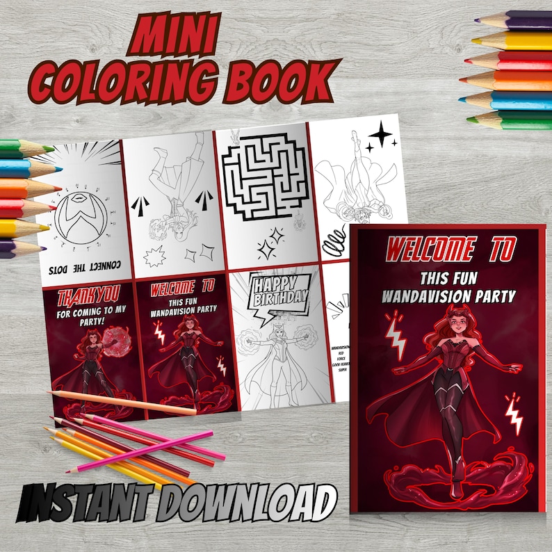 May include: A mini coloring book with the text "MINI COLORING BOOK" in red. The book features black and white line drawings of characters and phrases like "WELCOME TO THIS FUN WANDAVISION PARTY". Colouring pencils are scattered around the book.