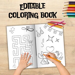 May include: An open coloring book with the text "EDITABLE COLORING BOOK" in black. The book features line drawings of a maze, stars, hearts, and party hats. A child's hand is coloring with an orange pencil. Colored pencils are arranged on the wooden surface.