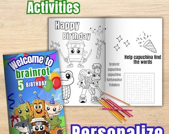Bewerkbaar Little Brainrot kleurboek, Brainrot verjaardagsfeestje (digitaal bestand) B56