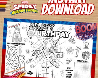 Spidey Birthday Coloring Placemat, Party Activity (Instant Download)