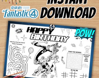 Fantastic Four kleurplaat, Fantastic Four verjaardagsplacemat, Fantastic Four activiteitenset, Fantastic Four feest, INSTANT DOWNLOAD F63