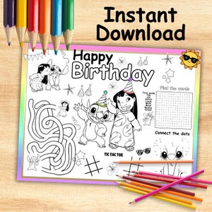 Lilo and stitch Birthday Placemat, Lilo and stitch Coloring Activity Mat, Party Activity,Lilo and stitch Coloring Page,INSTANT DOWNLOAD LS05