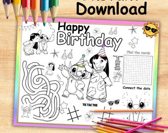 Lilo and Stitch Birthday Coloring Placemat, Party Activity (Instant Download)