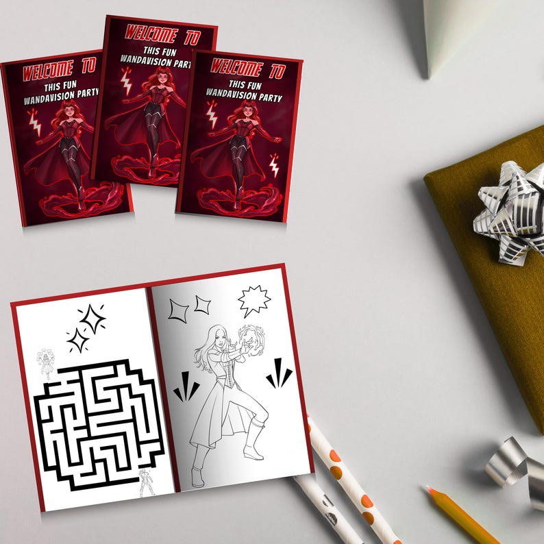 May include: Party supplies with a comic book theme. The image shows three invitation cards with the text "WELCOME TO THIS FUN WANDAVISION PARTY" and a coloring book with a maze and character illustrations.