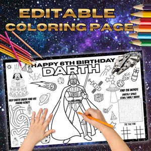 May include: A black and white coloring page with the text "EDITABLE COLORING PAGE" and "HAPPY 6TH BIRTHDAY DARTH". The page features Darth Vader, a spaceship, and a word search. Colored pencils are in the background.