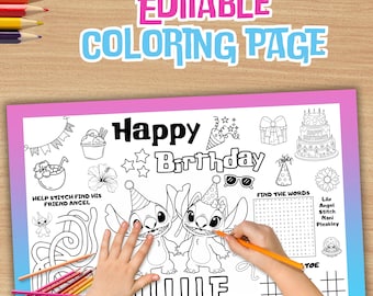 Tappetino per attività di compleanno Stitch e Angel, pagina da colorare personalizzata (file digitale) ST03