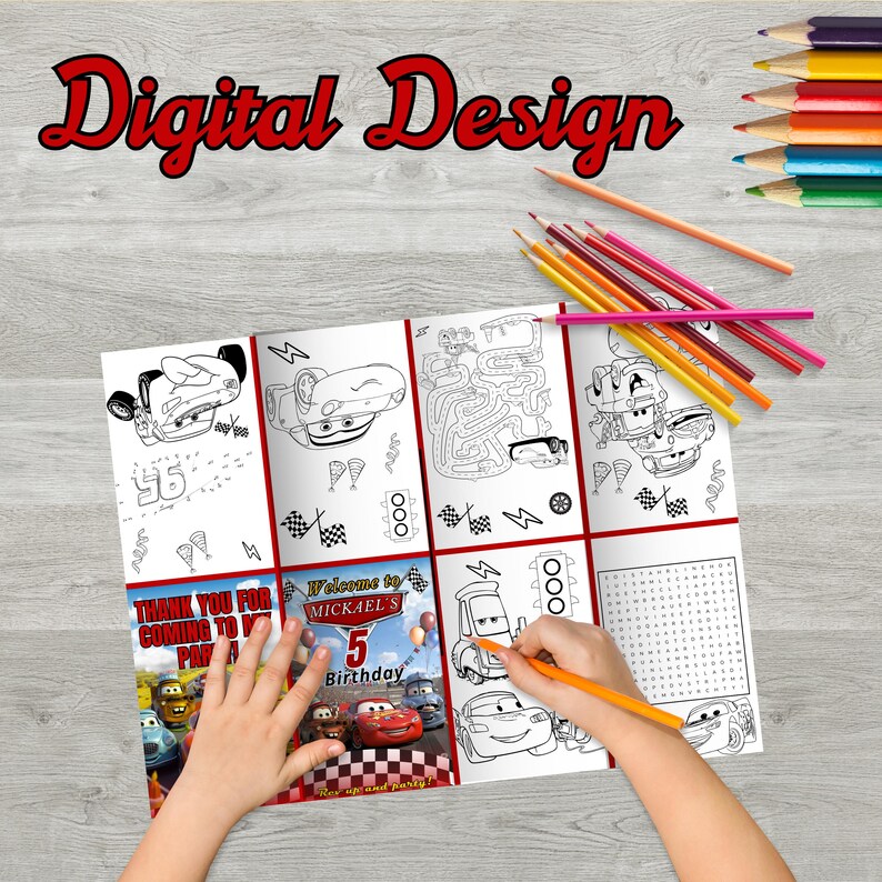 May include: A coloring book with Cars-themed illustrations, including Lightning McQueen and other characters, with the text "Digital Design." A child is coloring with an orange pencil. Colored pencils are arranged on the side.