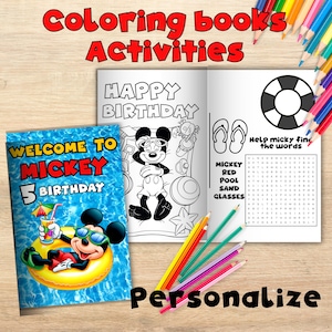 May include: A personalized Mickey Mouse coloring book and activity set. The cover reads "Welcome to Mickey 5 Birthday" with Mickey in sunglasses on a float. The open book shows a "Happy Birthday" page and a word search.