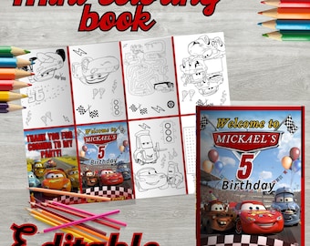 May include: A mini coloring book with a red cover that says "Welcome to Mickael's 5th Birthday". The book features illustrations of race cars and the text "Rev up and party!" Also includes a set of colored pencils.