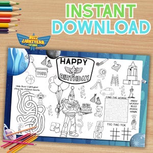 Może przedstawiać: Czarno-biała karta aktywności do wydruku z motywem Buzz Lightyear z napisami "Happy Birthday" i "Instant Download". Zawiera labirynt, wyszukiwanie słów, kółko i krzyżyk oraz inne ciekawe aktywności.