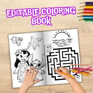 May include: An open coloring book with the text "EDITABLE COLORING BOOK" in purple. The book features black and white illustrations of characters and a maze. Colored pencils are scattered around the book.