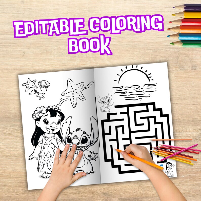 May include: An open coloring book with the text "EDITABLE COLORING BOOK" in purple. The book features black and white illustrations of characters and a maze. Colored pencils are scattered around the book.
