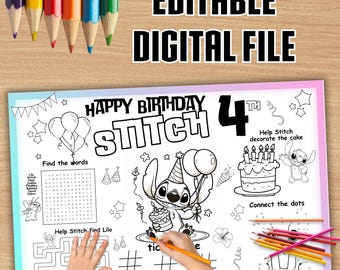 Tapete de actividades para fiesta de cumpleaños de Stitch, página para colorear personalizada (archivo digital)