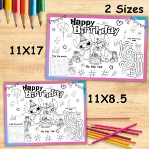 Puede incluir: Dos manteles individuales para colorear con el tema "Feliz Cumplea&ntilde;os", con personajes de dibujos animados, una tarta y laberintos. Un mantel mide 28x43 cm, el otro 28x22 cm. Se ven l&aacute;pices de colores.