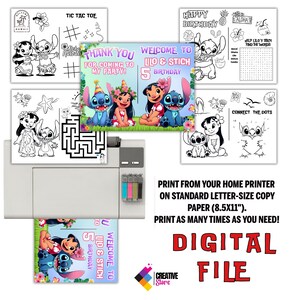 May include: A collection of printable Lilo & Stitch themed party activities and decorations. Includes coloring pages, a tic-tac-toe game, and a birthday banner. The text on the image says "Digital File".