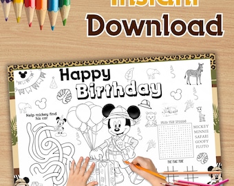 May include: A white coloring page with a safari-themed Mickey Mouse illustration, the words "Happy Birthday", and a maze. The image also includes the text "Instant Download". A child is coloring the page with colored pencils.